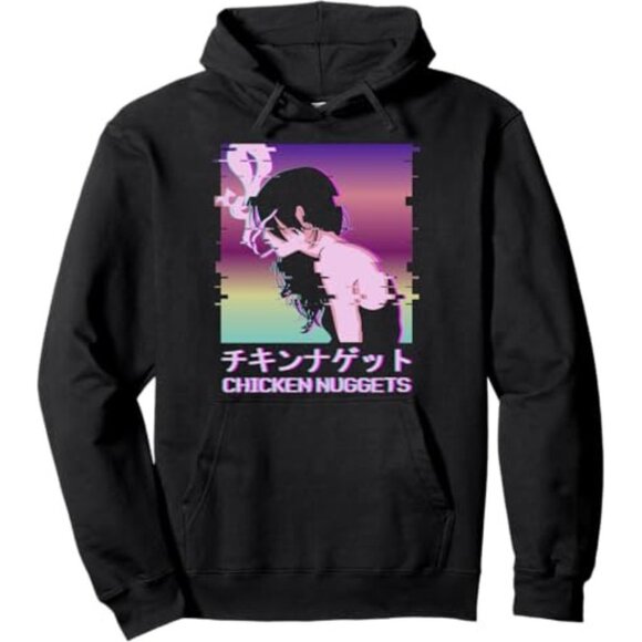 Chicken Nuggets Vaporwave Aesthetic Sad Smoking Anime Girl Pullover Hoodie - Picture 1 of 1